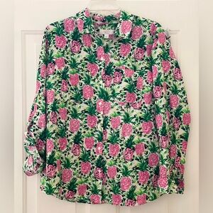 Charter Club Luxury Linen Women L Tropical Green Pineapple Roll Tab Sleeve Shirt